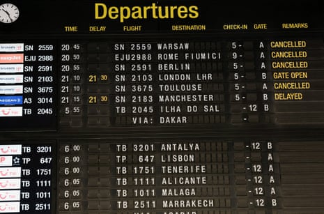 A departures board displays multiple flight cancellations and delays at Brussels Airport after the Belgian air traffic control service reported a sighting of a drone, in Zaventem, Belgium.