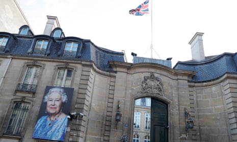 A portrait of Queen Elizabeth II hangs outside the British embassy in Paris, France. According to a Buckingham Palace statement, Queen Elizabeth II is under medical supervision at her Scottish estate, Balmoral Castle, on the advice of her doctors who are concerned for the health of the 96-year-old monarch.