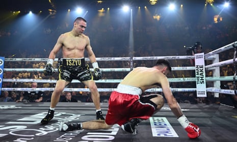 Tim Tszyu knocks down Carlos Ocampo in the opening round of their WBO super-welterweight world title bout on the Gold Coast.