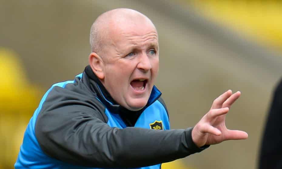 Livingston assistant manager, David Martindale, shouts instructions at the Tony Macaroni Arena.