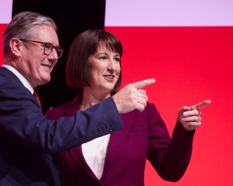 Keir Starmer and Rachel Reeves at the conclusion of the chancellor’s speech to the Labour conference in Liverpool.