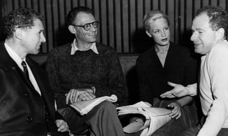 Arthur Miller (centre left) with actors Anthony Quayle and Mary Ure (1933 - 1975) in October 1956.
