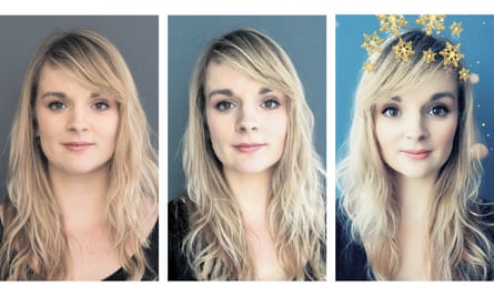 (L-r) A Portrait of Elle Hunt, taken in natural light on a digital camera; a selfie, taken on an iPhone without a filter; a selfie, with a Snapchat filter 