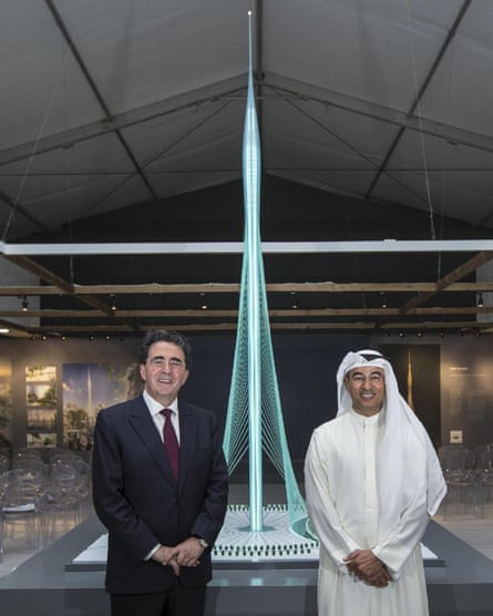 Emaar chairman Mohamed Alabbar, right, stands with the Spanish-Swiss architect Santiago Calatrava Valls in front of the as-yet-unnamed new tower planned for Dubai Creek Harbour.