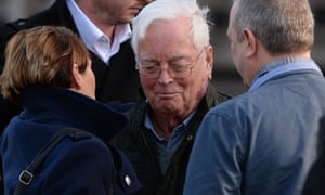 Gordon Anglesea (centre) outside Mold crown court in north Wales on Friday.