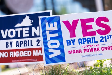 Signs are seen outside Fairfax Government Center during the Virginia redistricting referendum, Tuesday, April 21, 2026, in Fairfax, Va.