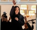 Nobel peace prize winner María Corina Machado waves to the crowd from the balcony of the Grand Hotel in Oslo, Norway, in the early hours of Thursday.