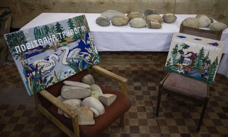 Embroideries and stone bread made by Ukrainian artist Zhanna Kadyrova