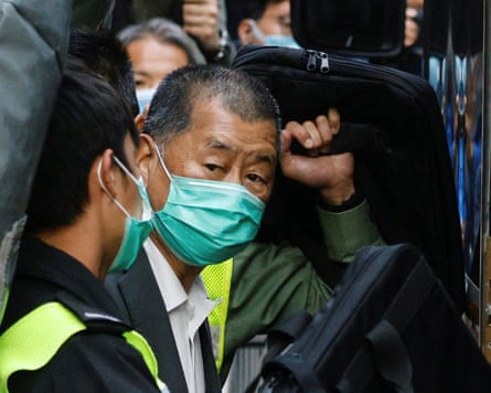 Jimmy Lai, the founder of Apple Daily, leaving the court of final appeal in Hong Kong, 1 February 2021. He had been arrested in August 2020 under charges relating to the national security law and remains in prison.