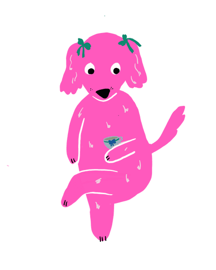 illustration of pink dog holding a cup with green bows around its ears