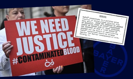 Demonstrators hold placards related to the NHS infected blood scandal and Bayer-owned Cutter Laboratories warned the presence of virus in its commercial blood product Koate 'should be assumed'.