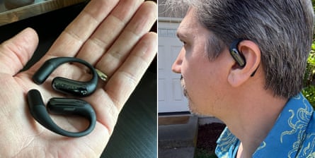 Open earbuds let you tune in without tuning out the world. Here are the five best pairs | headphones Side by side images, one of close-up of man holding earbud and one of his side profile with earbuds in ear