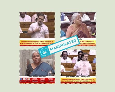 Four stills of videos of an Indian man and woman i parliament, with a diagonal stamp across them saying ‘MANIPULATED’.