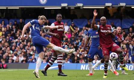 Chelsea’s Conor Gallagher scores their second goal against West Ham.