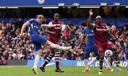 Chelsea's Conor Gallagher scores their second goal against West Ham.