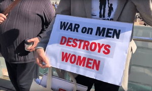 Still from video of Men’s Rights March in Melbourne on Saturday 25 August, 2018 published by Avi Yemini on Youtube.