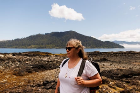 Roberta Aiken, a watchman at the T’aanuu Llnagaay village site on Tanu Island in Gwaii Haanas. She wears an abalone pendant holding the ashes of her father
