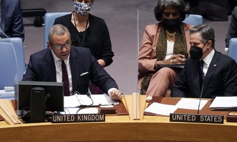 James Cleverly addresses the United Nations Security Council, as US Secretary of State Antony Blinken, listens.
