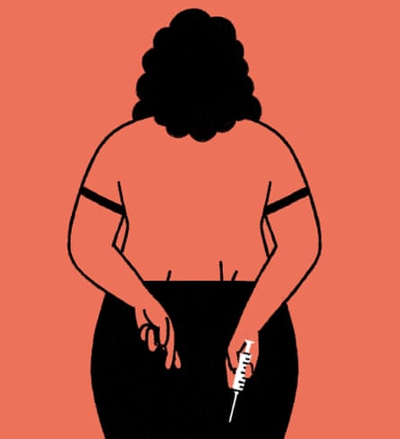 Orange, black and white illustration of woman with both hands behind her back, fingers crossed on left hand, right hand holding a syringe
