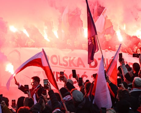 Sławomir Mentzen, one of the leaders of the far-right Confederation, at the Roman Dmowski Roundabout before the Independence March in Warsaw.