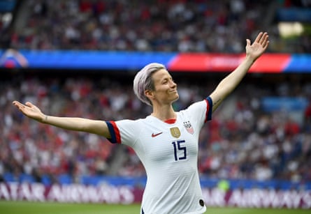 USA’s forward Megan Rapinoe celebrates scoring her team’s first goal during the France 2019 Women’s World Cup quarter-final football match between France and United States, at the Parc des Princes stadium in Paris on June 28 2019