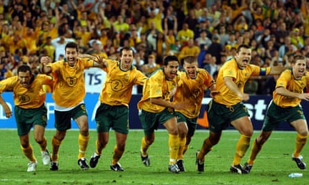 The Socceroos celebrate their victory after John Aloisi’s goal in 2005