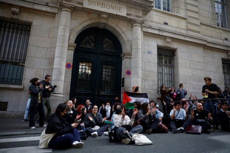 Students of the Sorbonne University gather to protest over the Gaza war in Paris, 29 April.