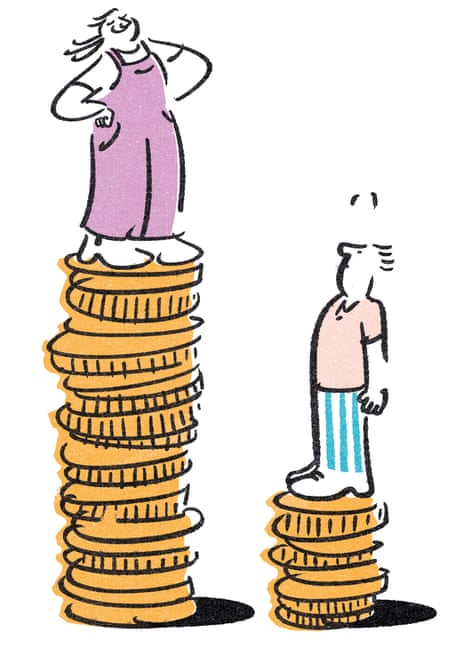 Illustration of a woman standing on a tall pile of coins and a man standing on a smaller pile of coins