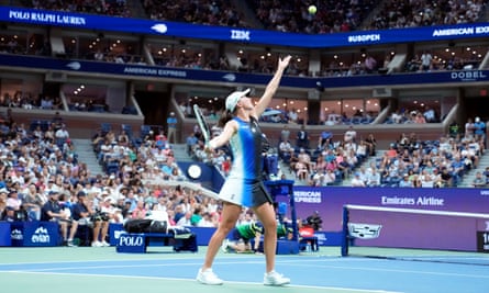 Iga Swiatek’s US Open title defence ended by Jelena Ostapenko | US Open Tennis 2023 5 Iga Swiatek serves at Arthur Ashes Stadium.