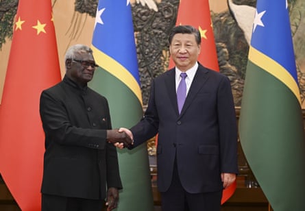 Chinese president Xi Jinping meets with visiting Manasseh Sogavare at the Great Hall of the People in Beijing