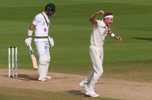 Stuart Broad appeals successfully for the wicket of Shan Masood.