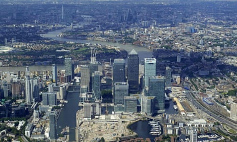 An aerial view of London's Canary Wharf financial district