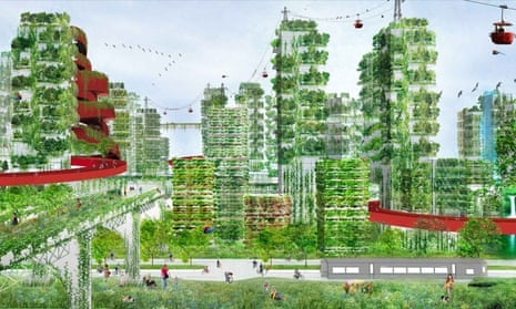 A futuristic urban city with tall skyscrapers covered in greenery, featuring rooftop gardens, hanging gardens, and cable cars amidst a lush, environmentally integrated landscape.