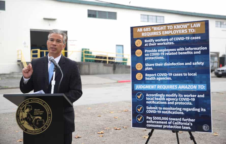 Rob Bonta, California attorney general, announces the fine against Amazon during a news conference outside one of the company’s distribution facilities in San Francisco.