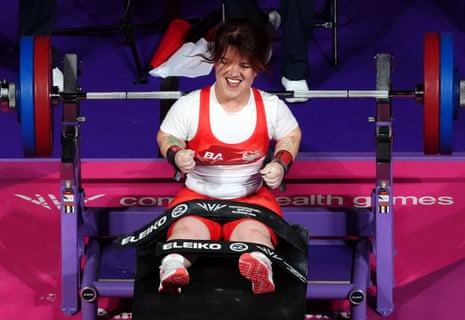 Olivia Broome of England celebrates after a lift.