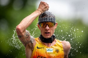 Christopher Linke of Germany cools down during the men’s and women’s 35km race walk.