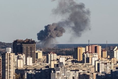 Smoke rises on the outskirts of the city during a Russian missile attack on Kyiv.