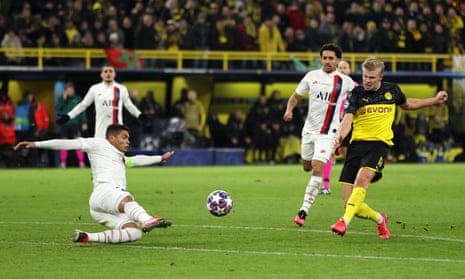 Erling Haaland fires in the second for Dortmund.