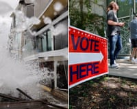 Split image: storm waves damage a seaside home; a man walks past a "Vote Here" sign