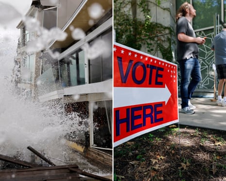Split image: storm waves damage a seaside home; a man walks past a "Vote Here" sign.