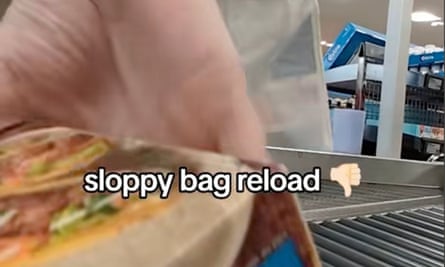 A video of a bag on a conveyor belt saying: ‘sloppy bag reload’.