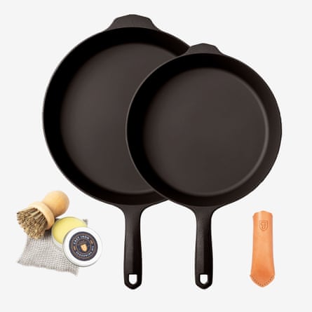 product photo of bigger and smaller cast-iron pans and cleaning tools