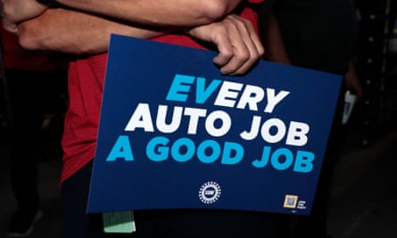 United Auto Workers supporters outside the Stellantis assembly plant in Sterling Heights, Michigan