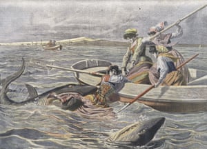 1908: Young girls on small boat attacked by the sharks in Adriatic Sea. Engraving