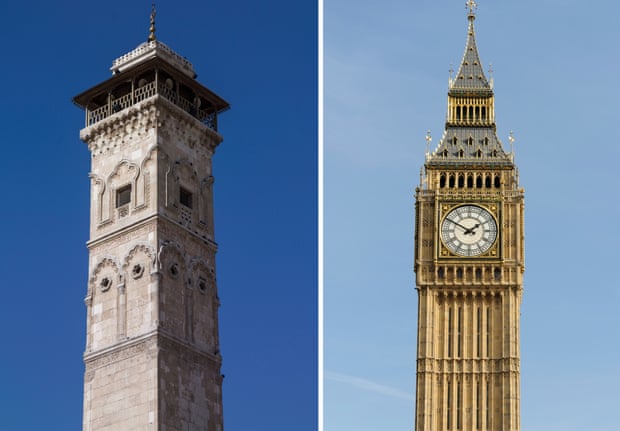 Borrowed time … from left, the now destroyed minaret of the Great Mosque in Aleppo, Syria; and Big Ben in London.