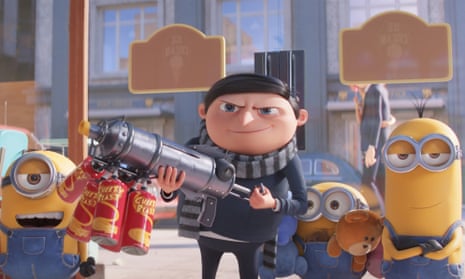 Gru, voiced by Steve Carell, flanked by his Minions in the international version of the film.