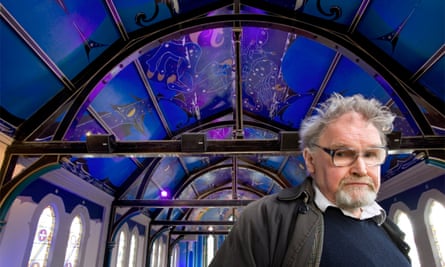 Alasdair Gray at Oran Mor, the arts and leisure centre in a converted church in Kelvinside, Glasgow, where he painted the ceiling and murals.