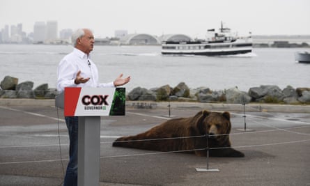 Gubernatorial candidate John Cox has become best known for bringing a 1,000-pound Kodiak bear on the campaign trail.