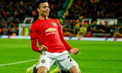 Mason Greenwood celebrates scoring Manchester United’s fourth goal in their victory over AZ Alkmaar.