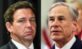 A side-by-side image of Ron DeSantis and Greg Abbott